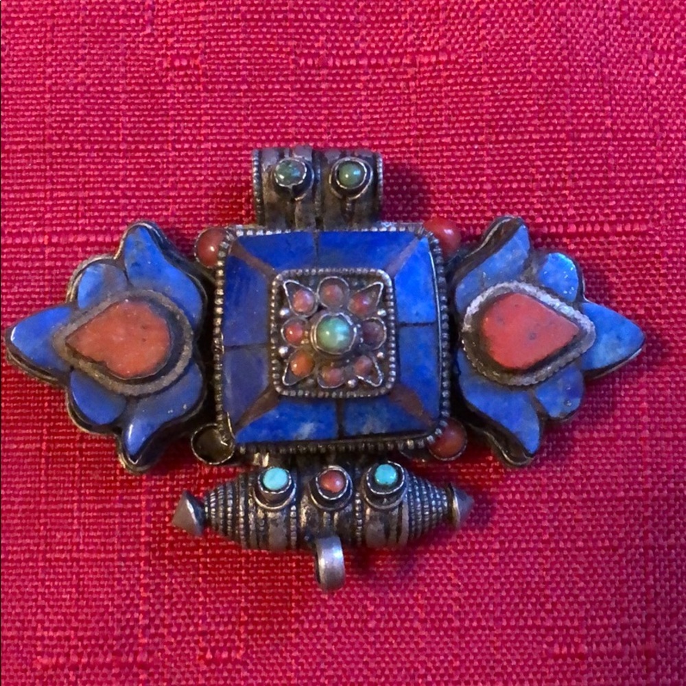 sterling , lapis and coral pendant from Tibet